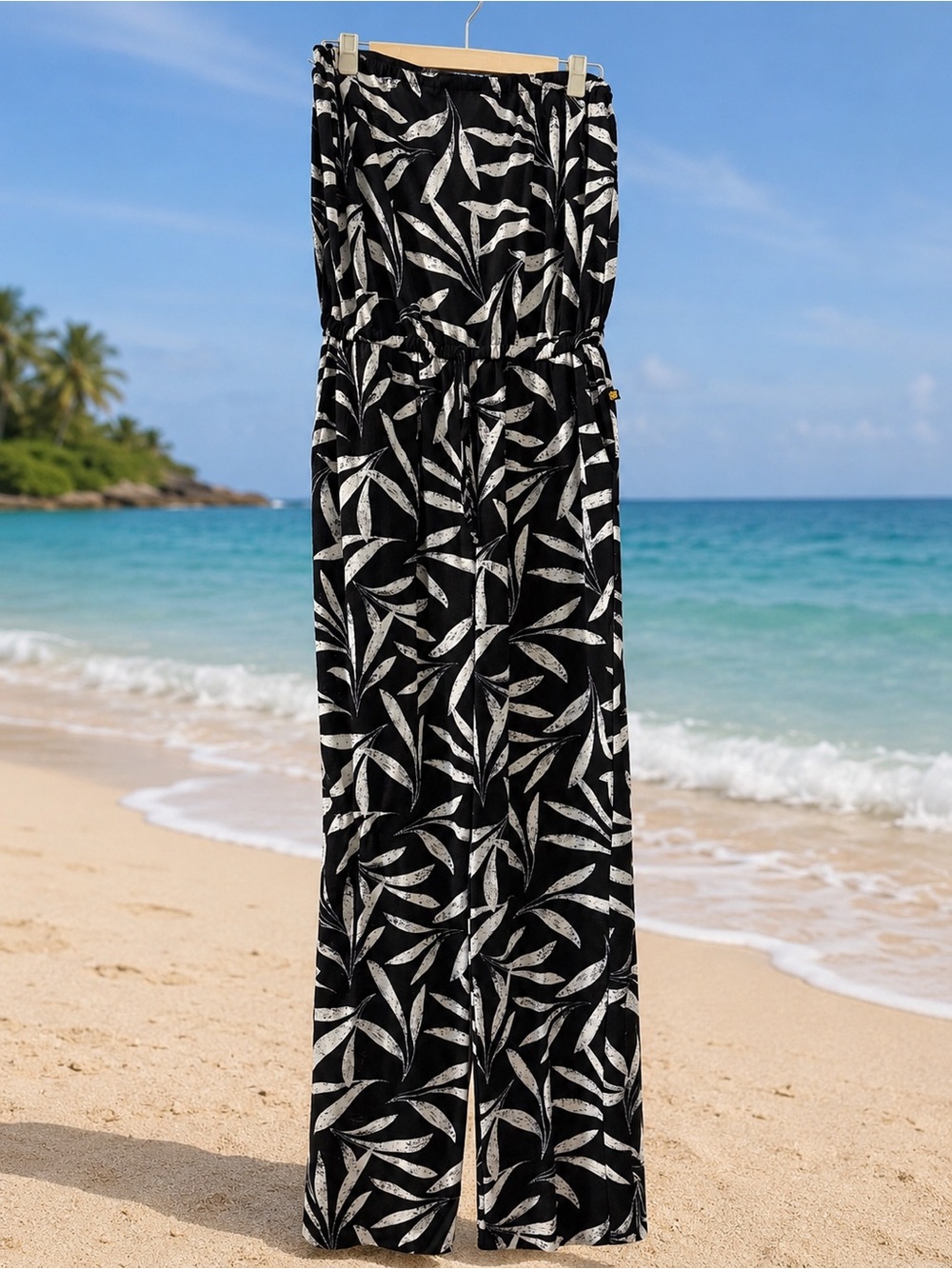 Black Strapless Jumpsuit with White Leaf Print